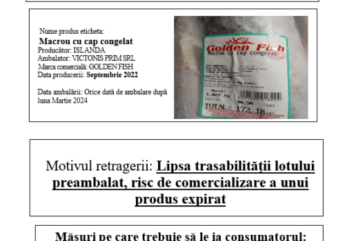 ALERTĂ DE SIGURANȚĂ ALIMENTARĂ: ANSA DISPUNE RETRAGEREA MACROULUI CONGELAT „GOLDEN FISH” DIN COMERȚ